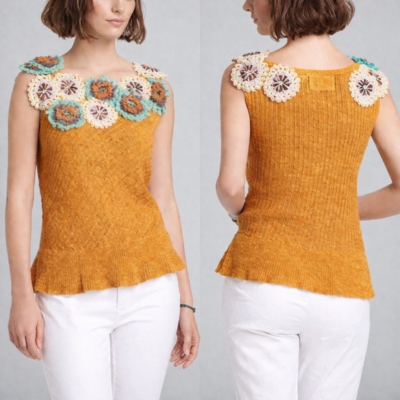 Anthropologie Tops - Anthropologie NEW EDIE Satsuma Pinwheel Floral Crochet Linen Knit Top SZ Large